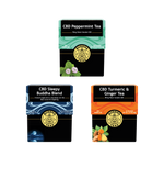 Three boxes of CBD Teas on a white background