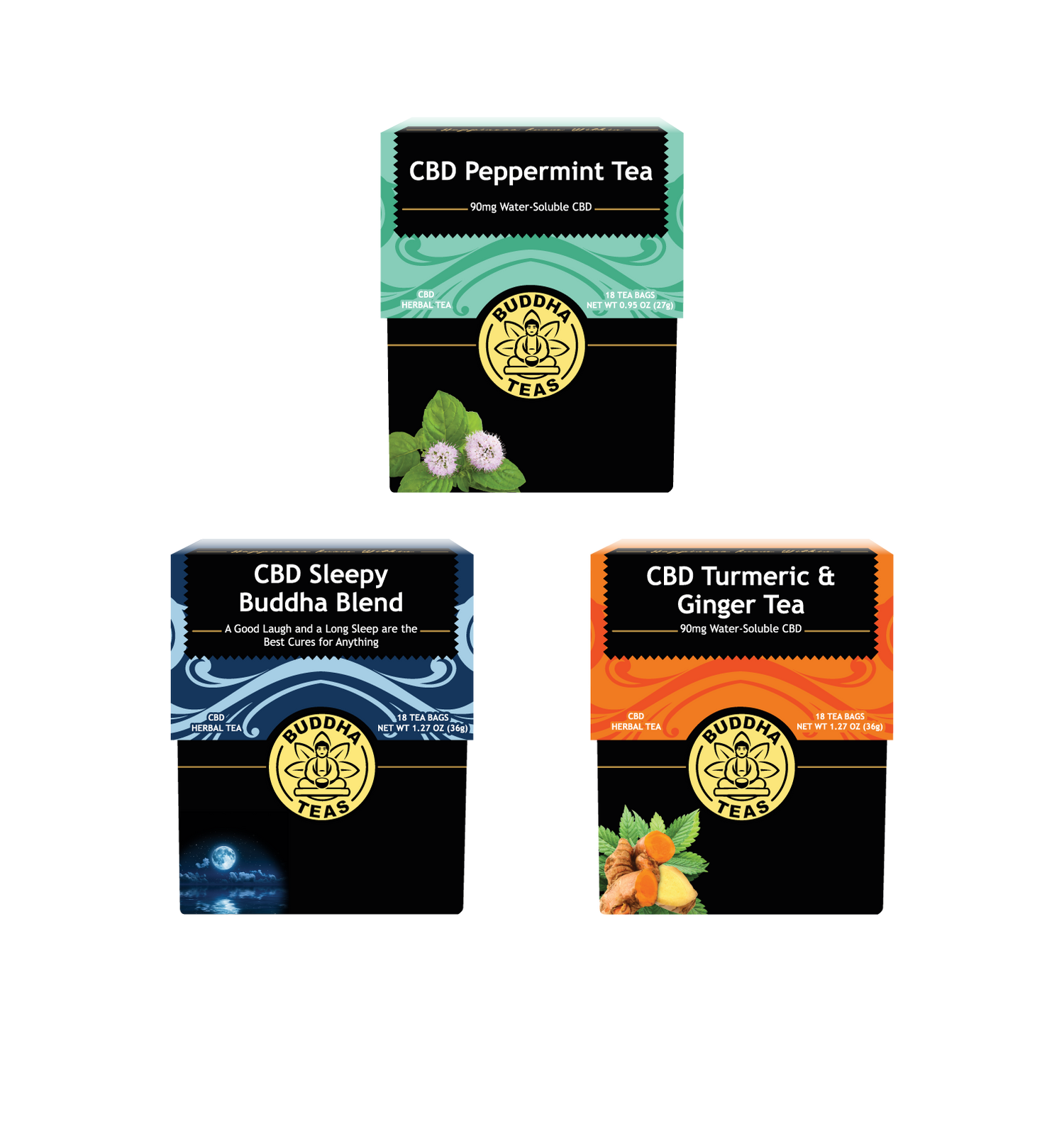 Three boxes of CBD Teas on a white background