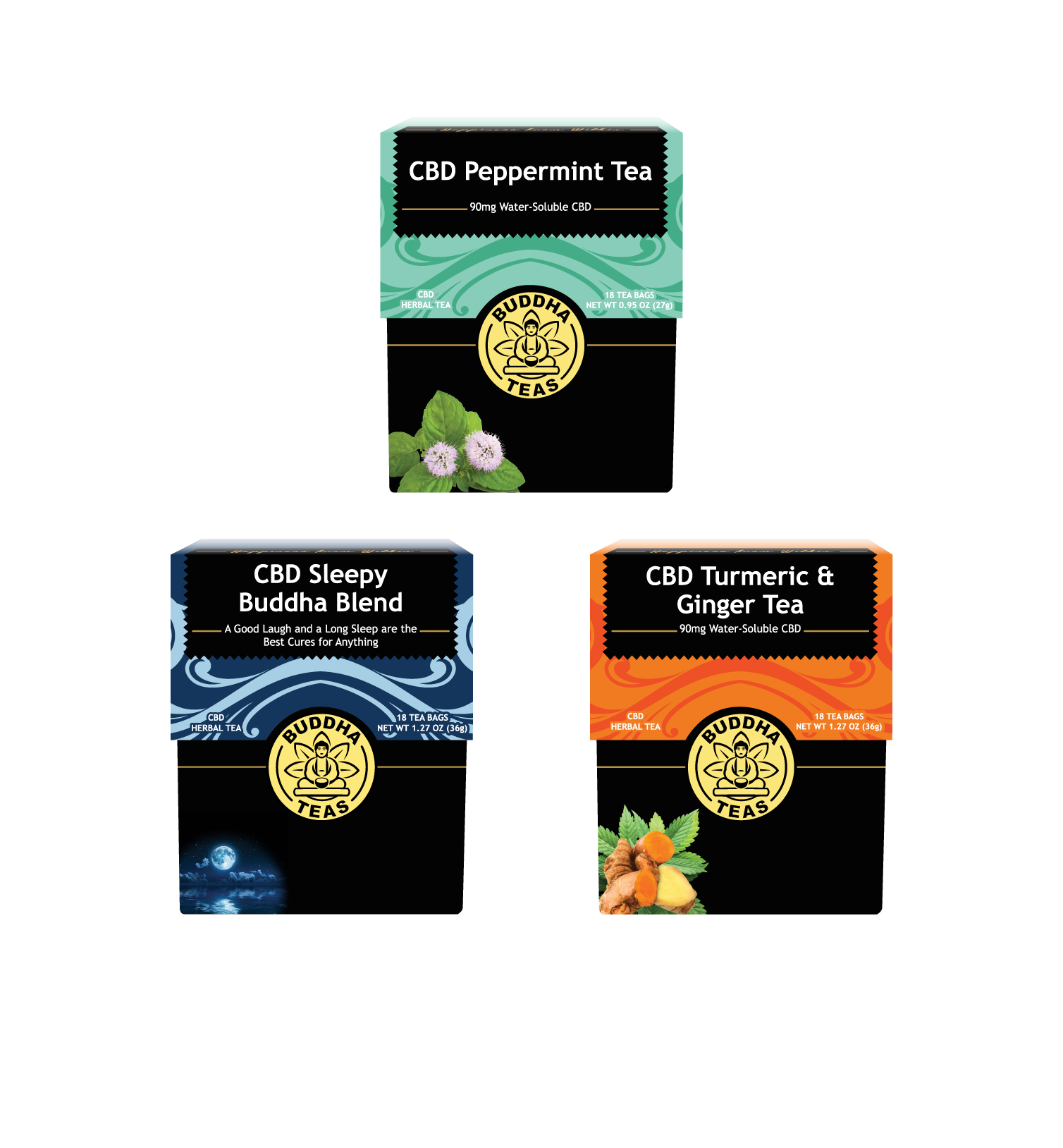 Three boxes of CBD Teas on a white background