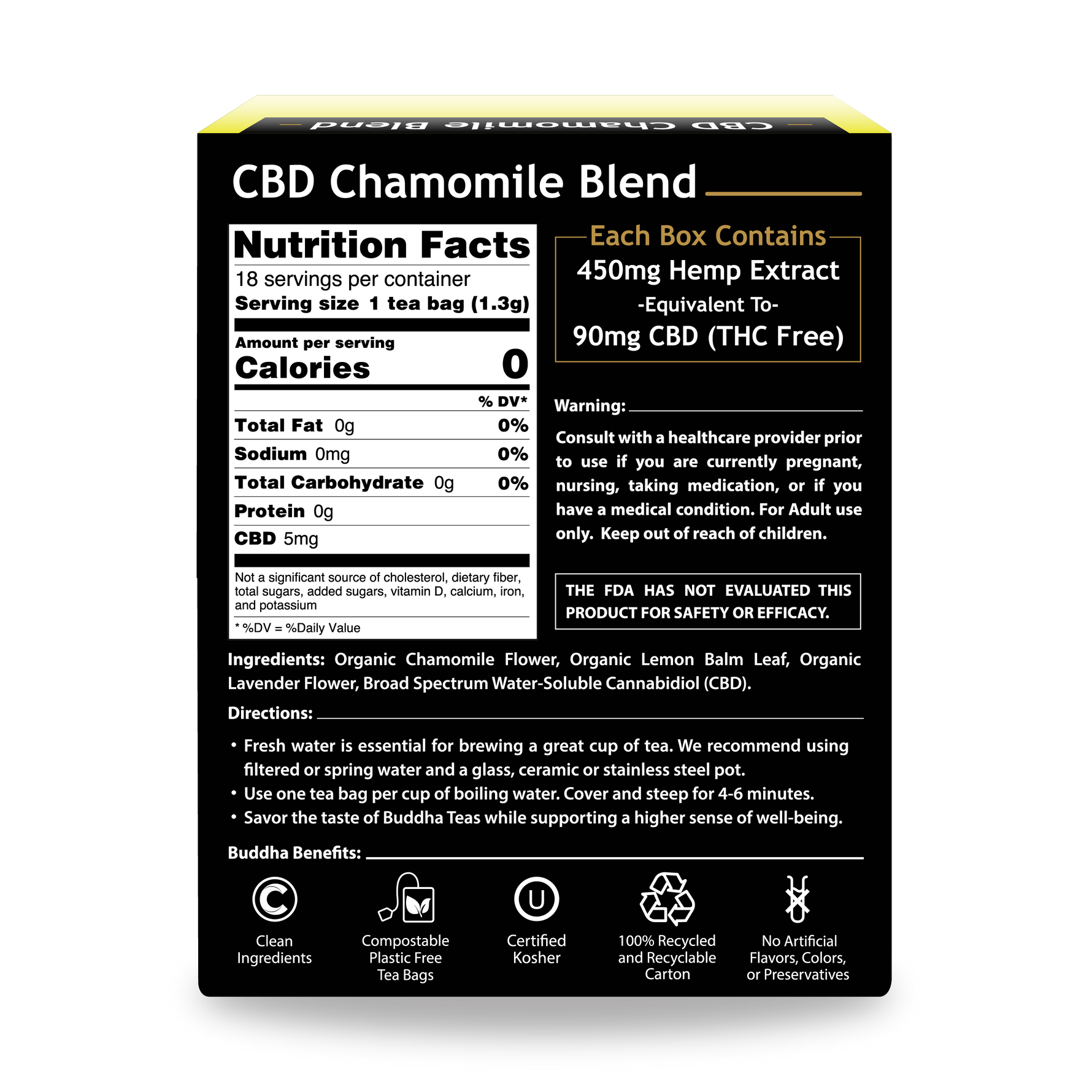 CBD Chamomile Blend - Back side of box