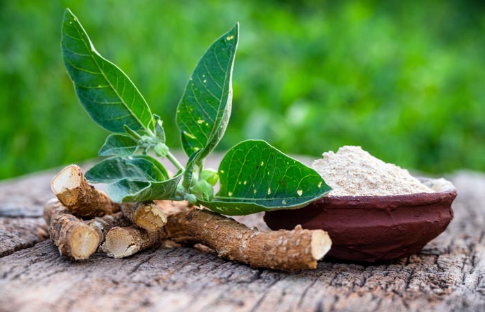 Ashwagandha Roots and leaves of a plant next to a bowl of powder on a wooden surface with a green blurred background