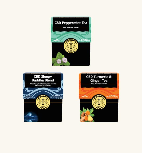 Three boxes of CBD-infused tea from Buddha Teas on a white background