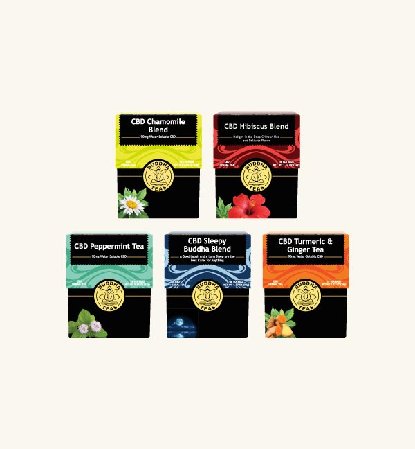 Five boxes of different CBD tea blends on a white background