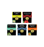 Five boxes of CBD tea blends on a white background