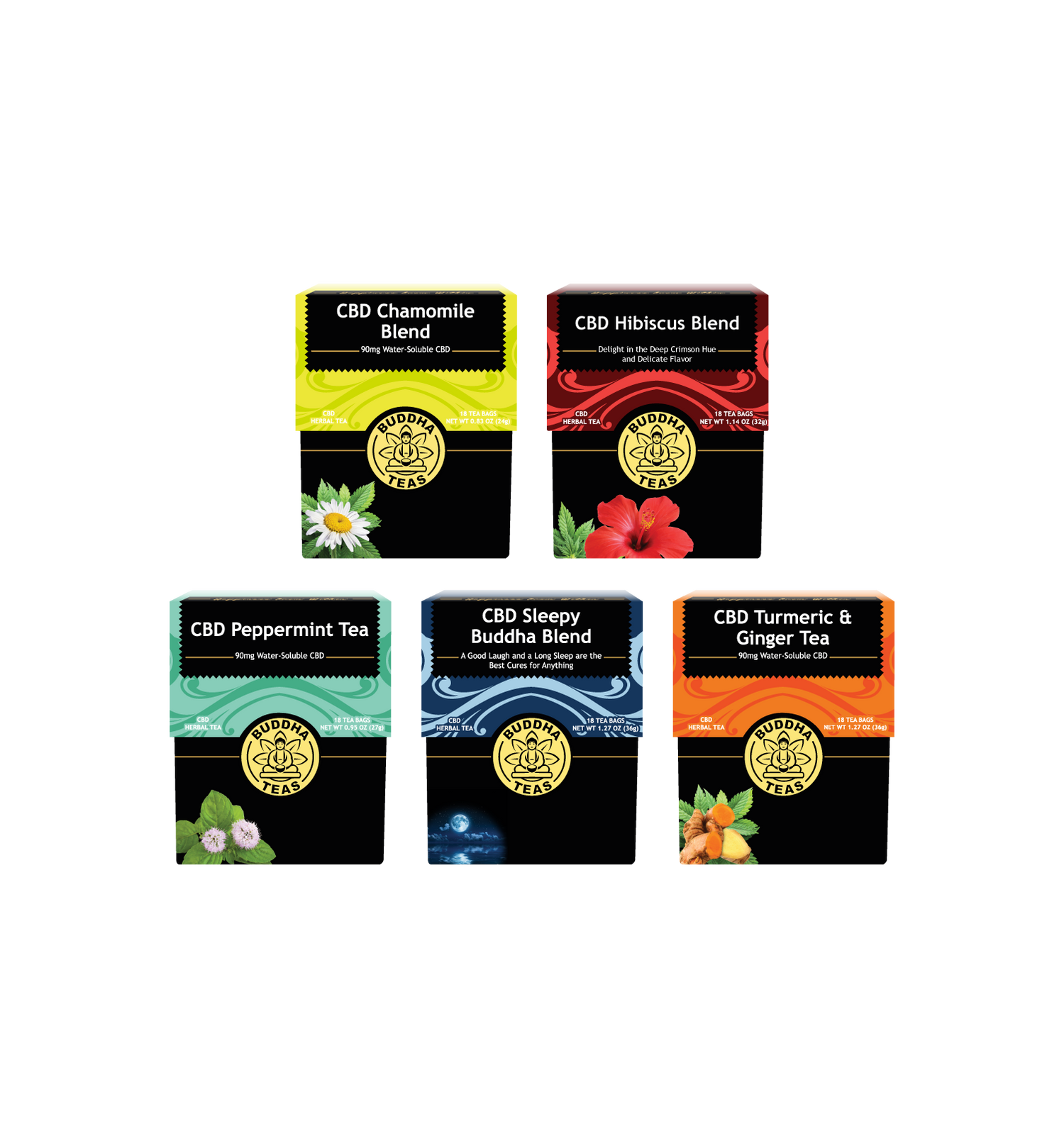 Five boxes of CBD tea blends on a white background