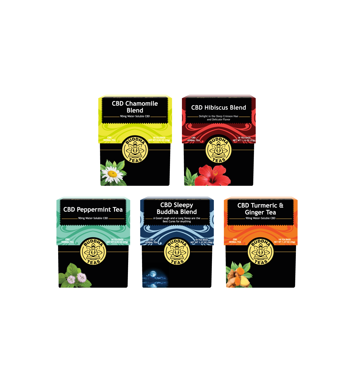 Five boxes of CBD tea blends on a white background