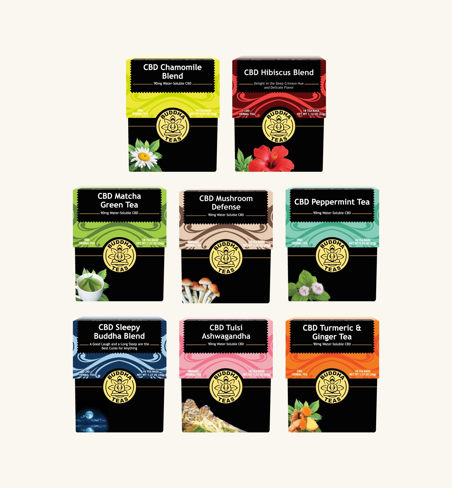 Complete collection of various CBD tea blends with colorful packaging on a white background