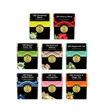 Complete collection of various CBD tea blends with colorful packaging on a white background