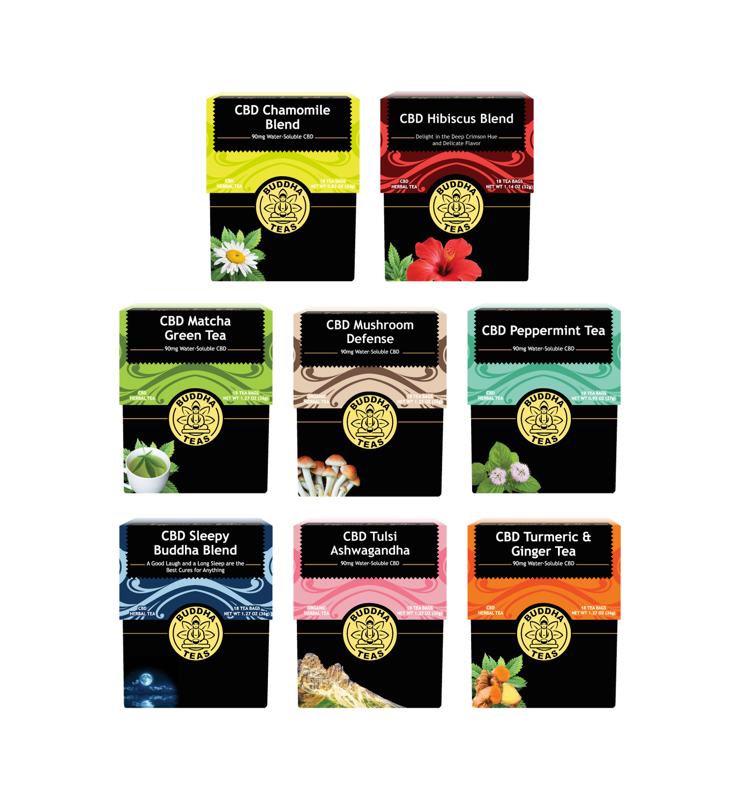 Complete collection of various CBD tea blends with colorful packaging on a white background