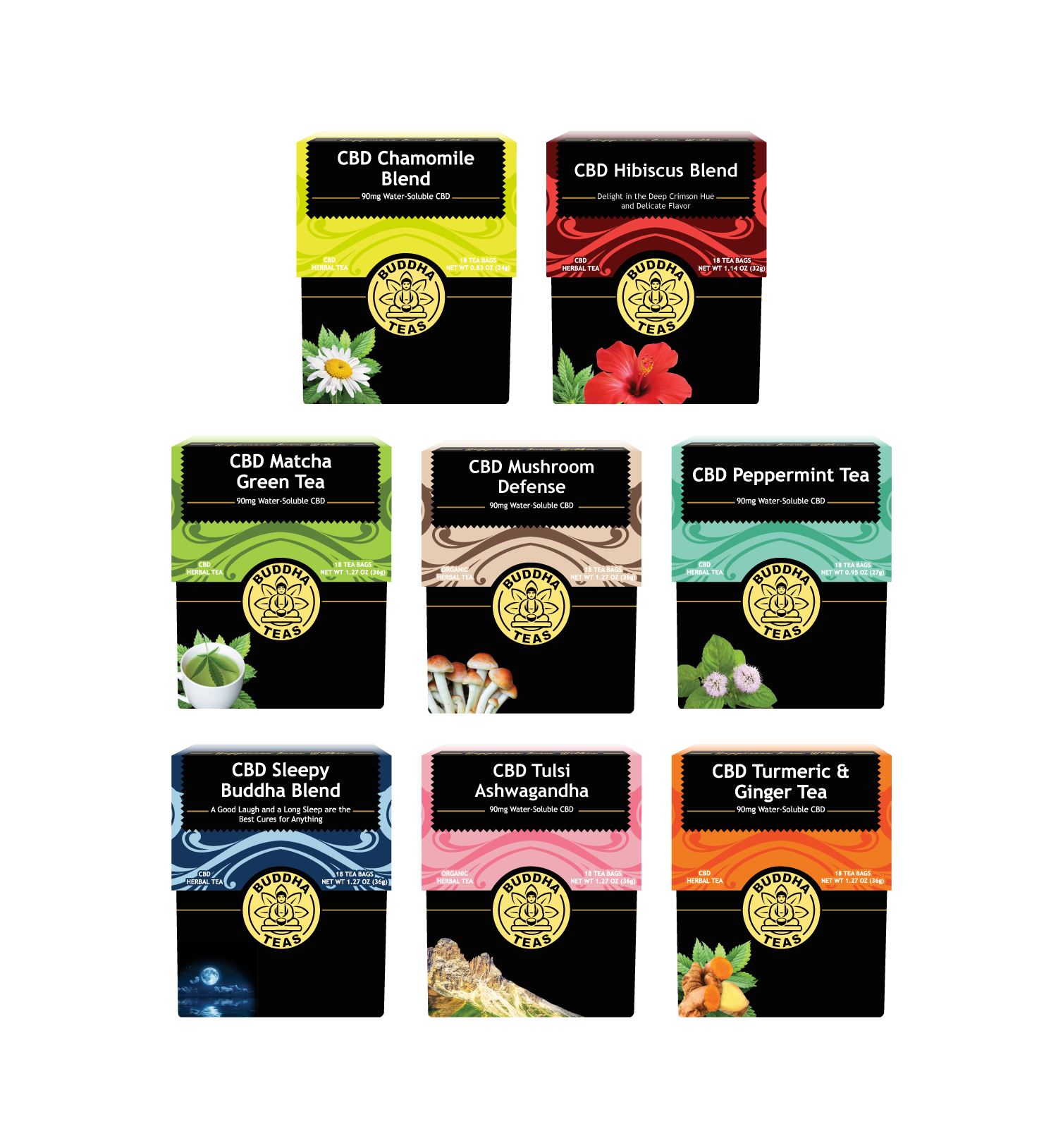 Complete collection of various CBD tea blends with colorful packaging on a white background