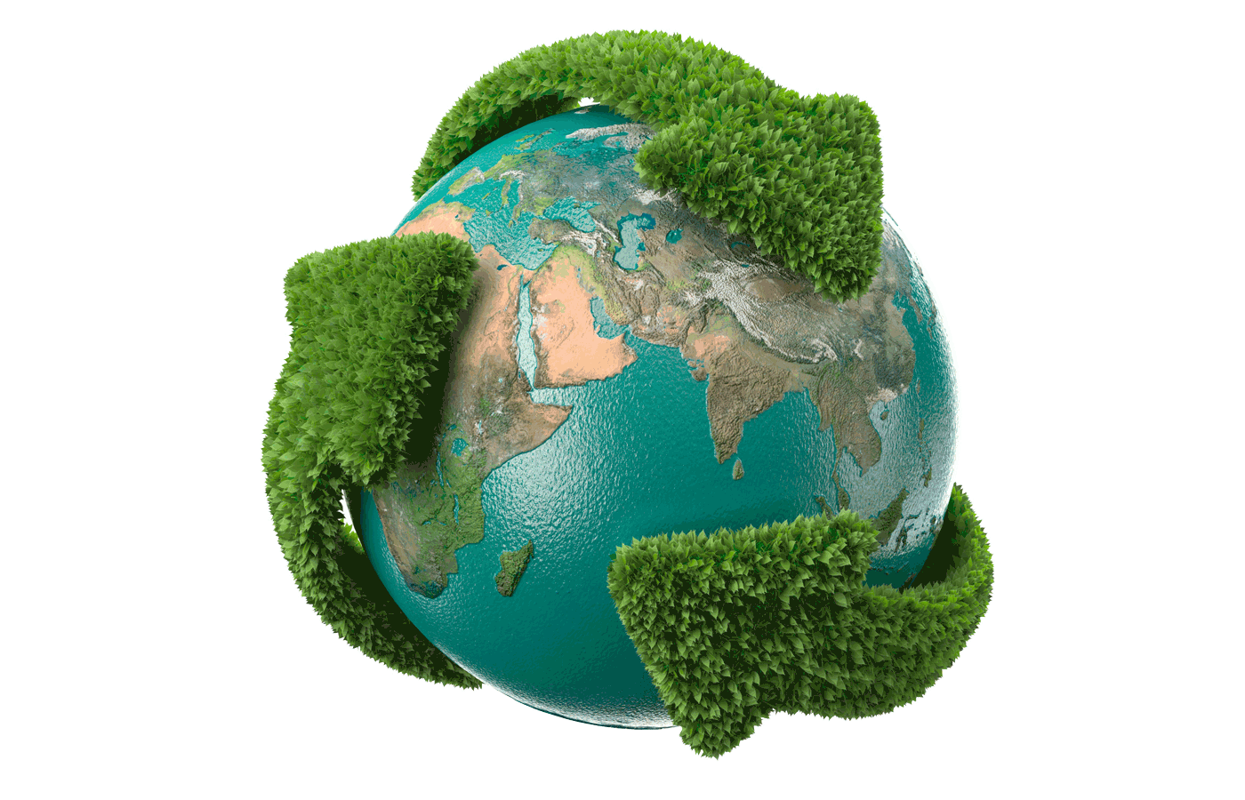 Earth with a green leaf recycle symbol coving it