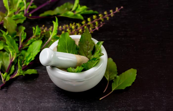 Mortar and pestle with holy basil leaves on a dark surface