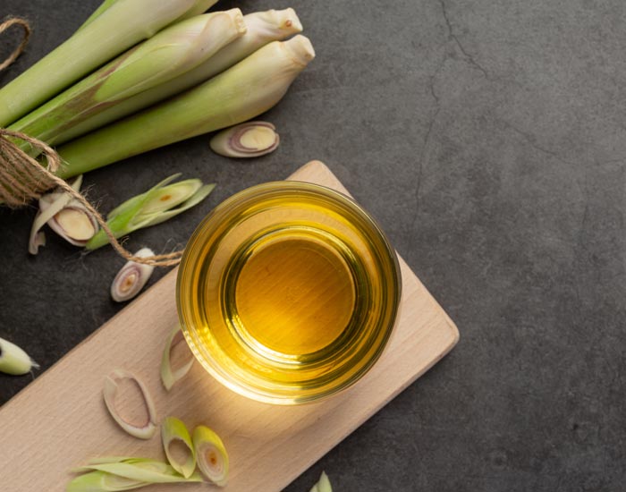 Glass of oil on a wooden board with lemon balm  on a dark surface