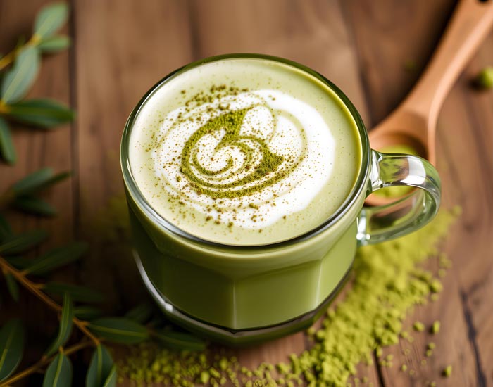 Green matcha latte with a swirl of whipped cream on a wooden surface.