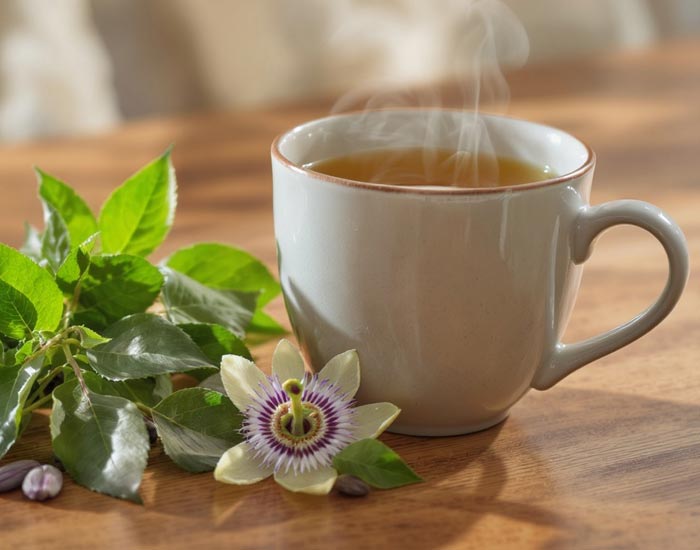 Steaming white mug of tea on a wooden table with leaves and a flower.