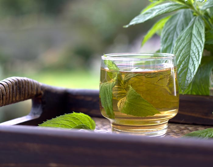 Glass of herbal tea with mint leaves on a wooden surface